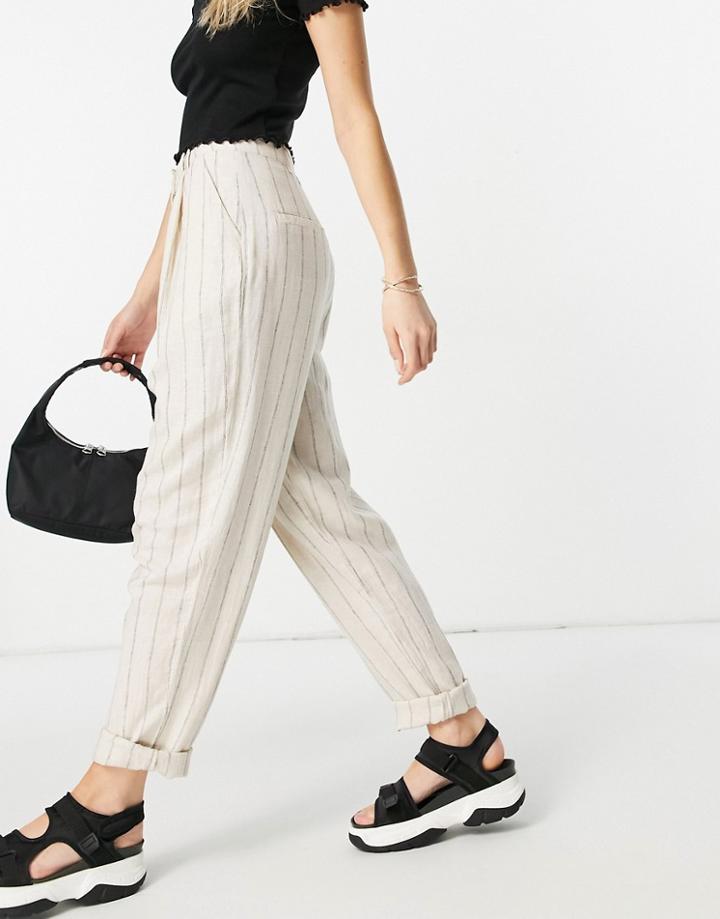 Asos Design Ovoid Peg Pants In Stripe Stone Linen-neutral