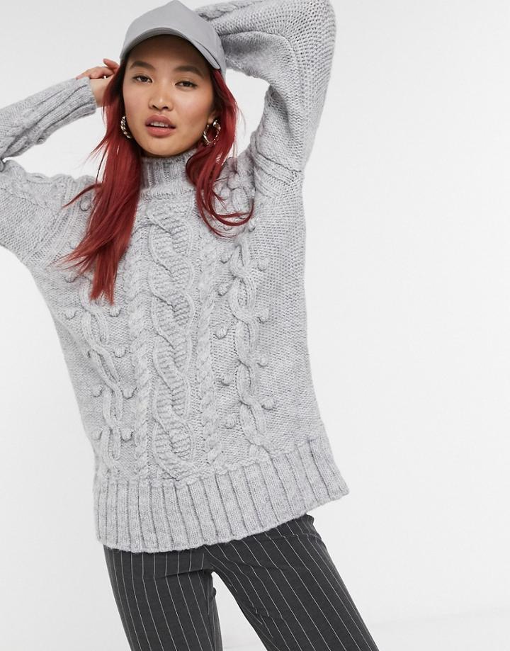 River Island Cable Knit Sweater In Light Gray Marl-grey
