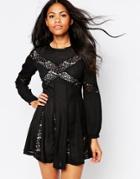 Daisy Street Skater Dress With Lace Inserts - Black