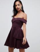 Asos Design Bardot Fold Wrap Front Mini Skater Dress - Purple