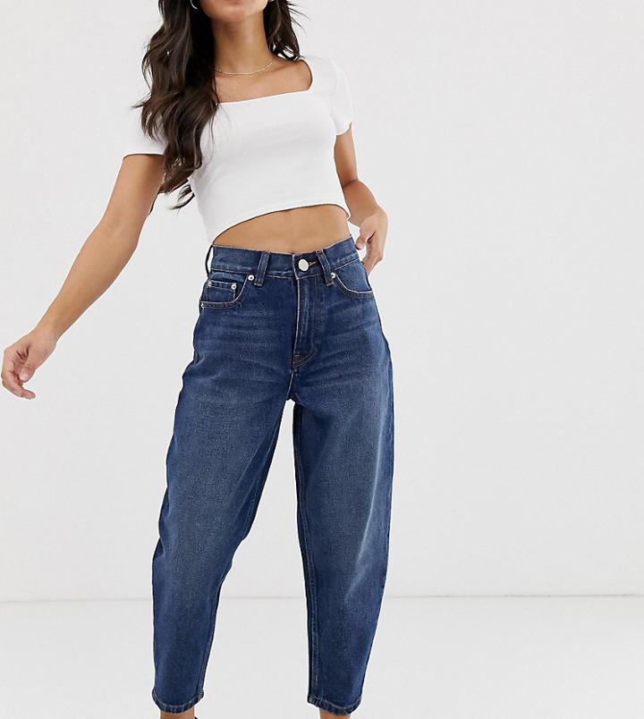 Asos Design Petite Balloon Boyfriend Jeans In Dark Mid Vintage Blue Wash