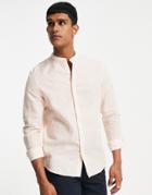 Asos Design Regular Fit Striped Linen Shirt With Grandad Collar In Pink