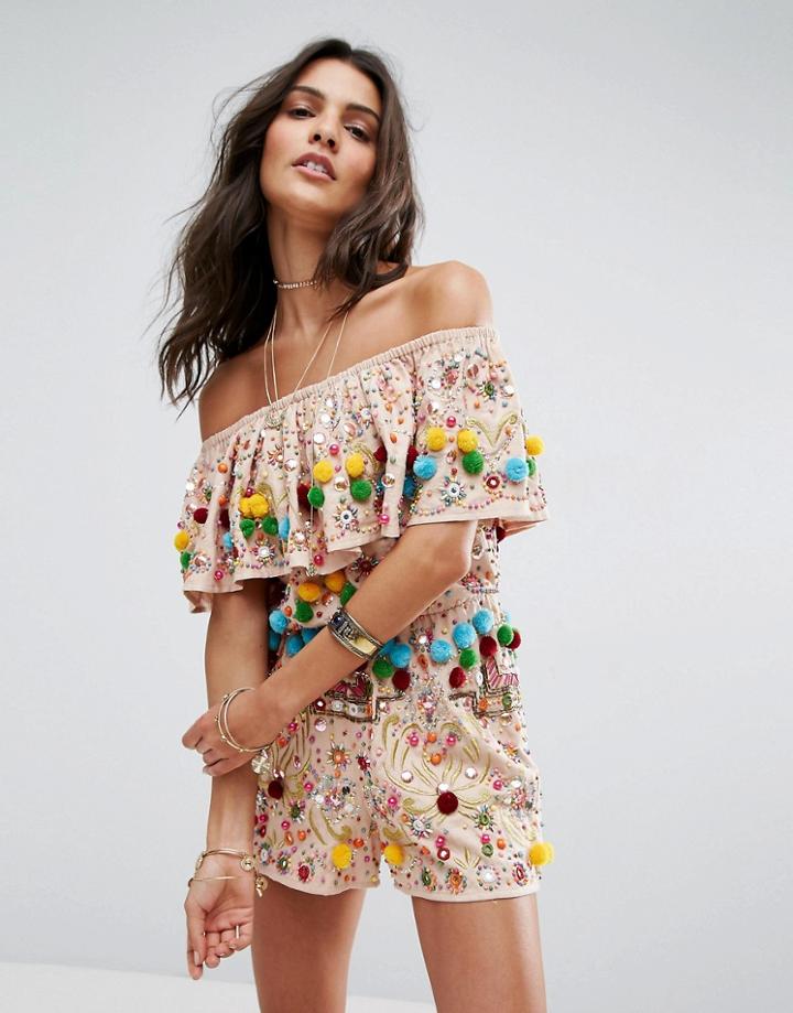 Asos Romper With Embellishment And Pom Pom Detail - Multi