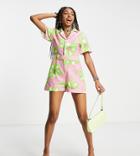 Collusion Floral Button Down Short Sleeve Romper In Pink