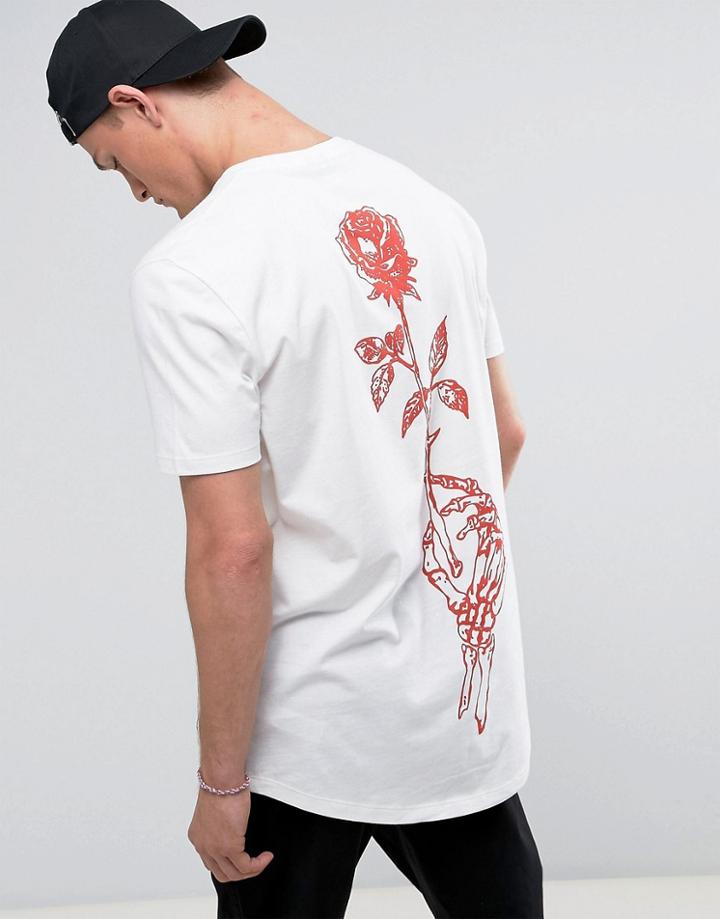 Asos Super Longline T-shirt With Curved Hem And Rose Back Print - White