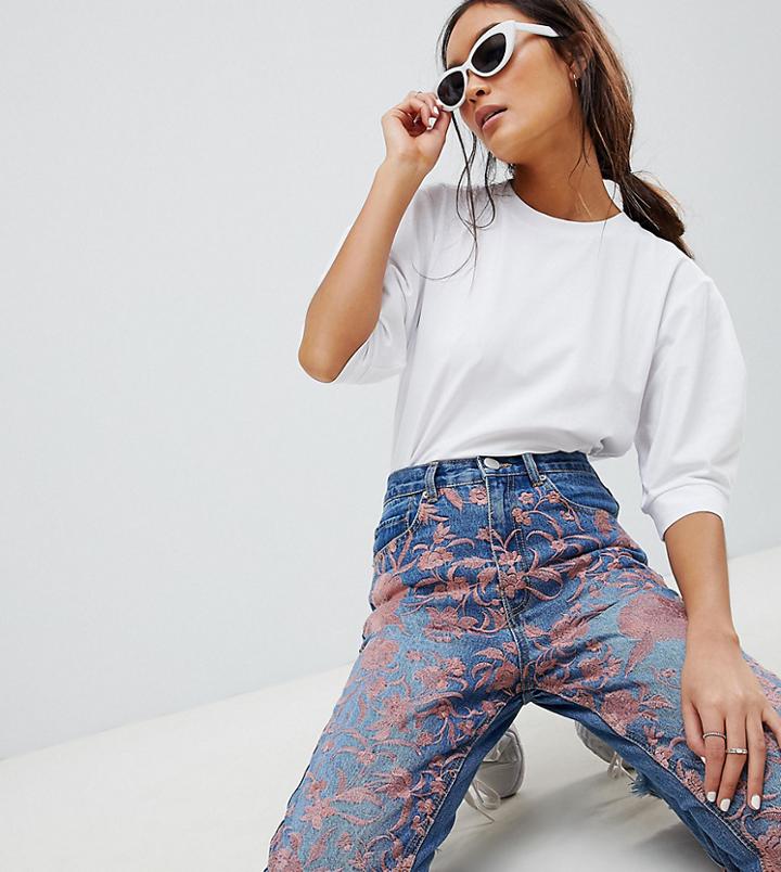 Asos Design Florence Authentic Straight Leg Jean With Embroidered Leg Detail In Mid Wash - Blue