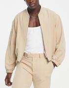 Asos Design Smart 80s Oversized Bomber Jacket With Elasticated Cuffs And Hem In Stone - Part Of A Set-neutral