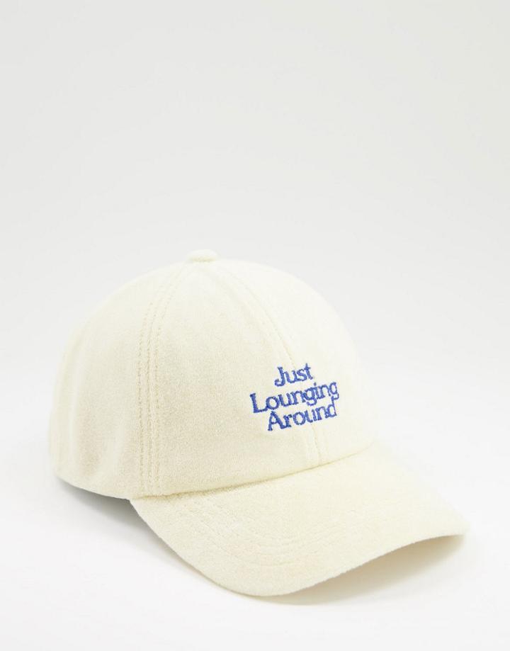 Asos Design Baseball Cap In Ecru Towelling With Text Embroidery-white