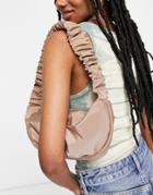 Asos Design Curved Shoulder Bag In Brown Nylon With Ruched Strap