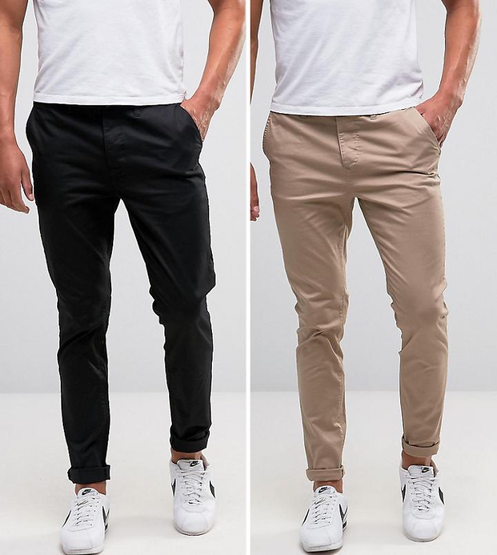 Asos 2 Pack Skinny Chinos In Black & Stone Save - Multi