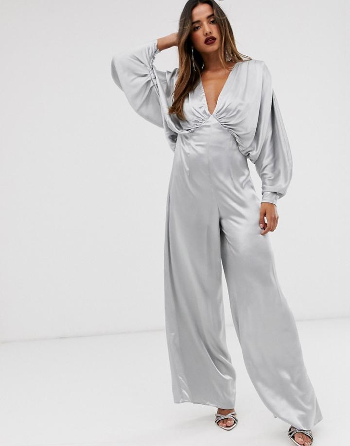Asos Edition Ruched Batwing Satin Jumpsuit-blue