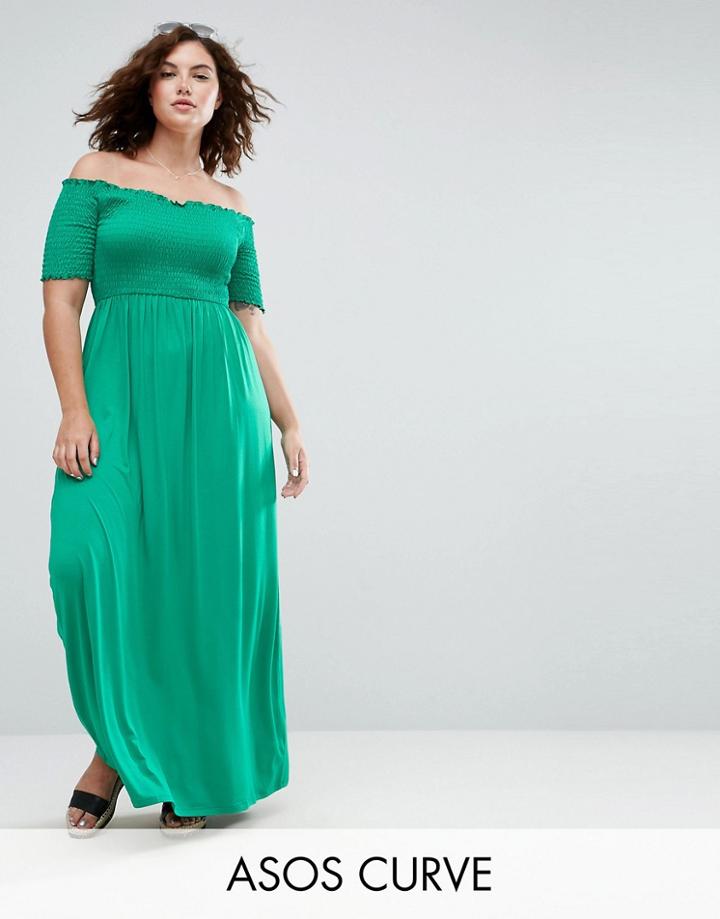 Asos Curve Off Shoulder Maxi Sundress With Shirring - Green
