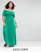 Asos Curve Off Shoulder Maxi Sundress With Shirring - Green