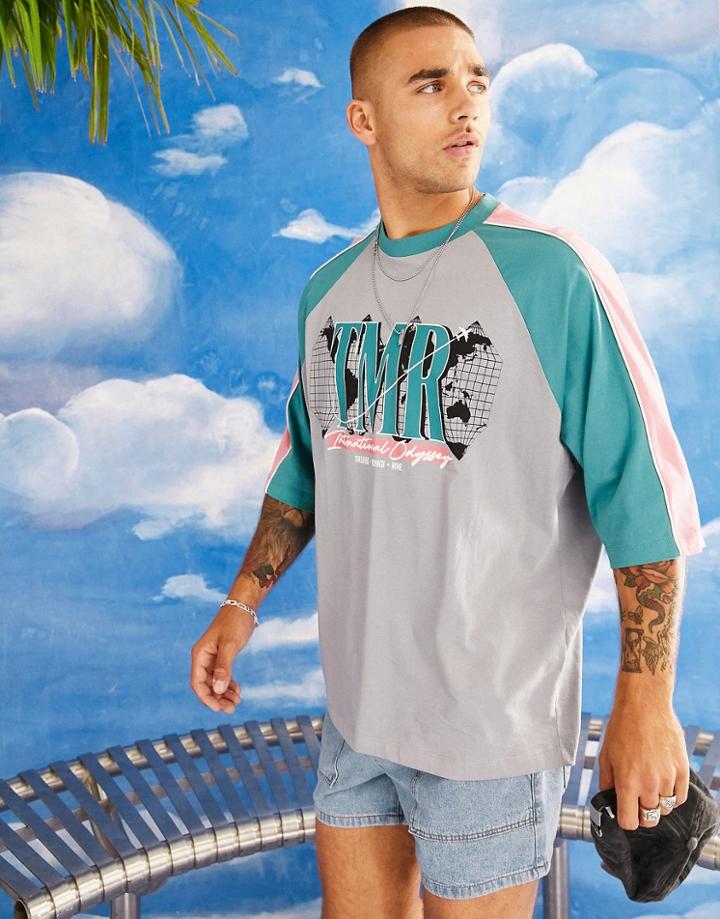 Asos Design Oversized T-shirt In Gray And Blue Color Block With Graphic Print