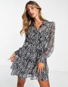 River Island Zebra Print Belted Mini Shirt Dress In Black