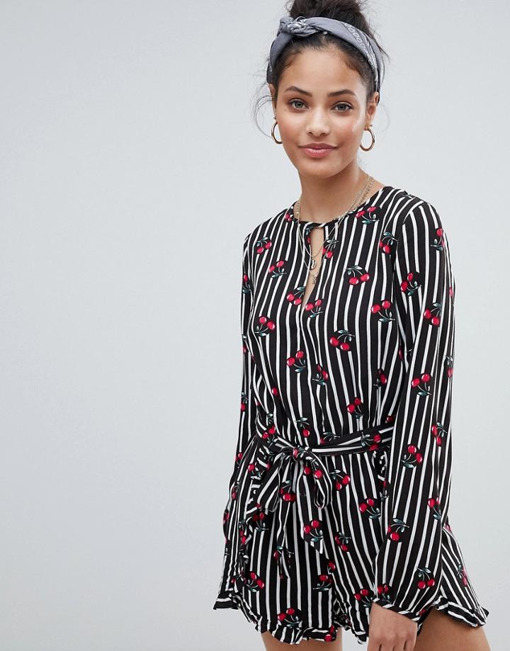 Glamorous Romper With Frill Shorts And Tie Waist In Cherry Stripe-black