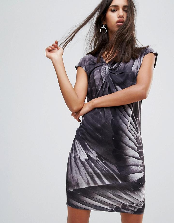 Religion Wave Feather Print Dress - Black