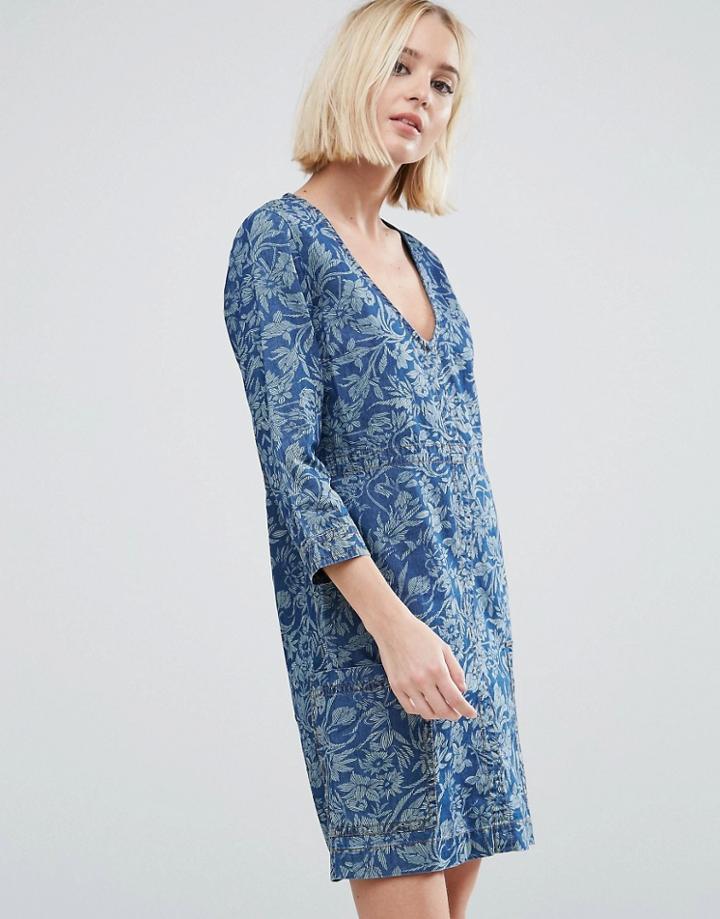Pepe Jeans Ines Denim Floral Print Dress - Blue