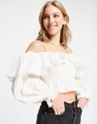 Asos Design Cold Shoulder Ruffle Top With Eyelet Insert In Ivory-white