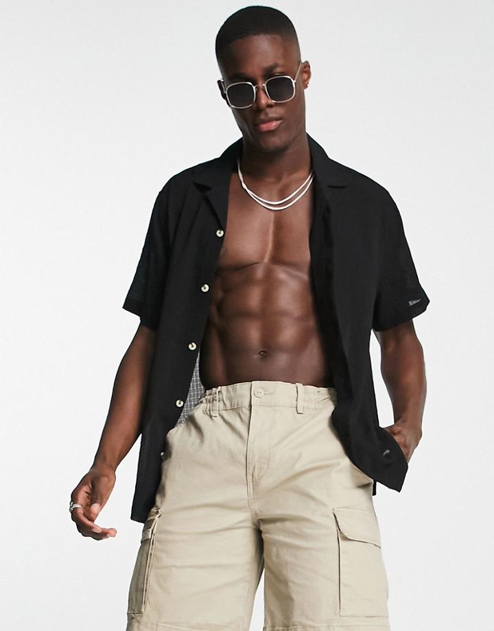 Asos Design Relaxed Shirt In Crinkle Lightweight Fabric In Recycled Polyester In Black - Black - Black