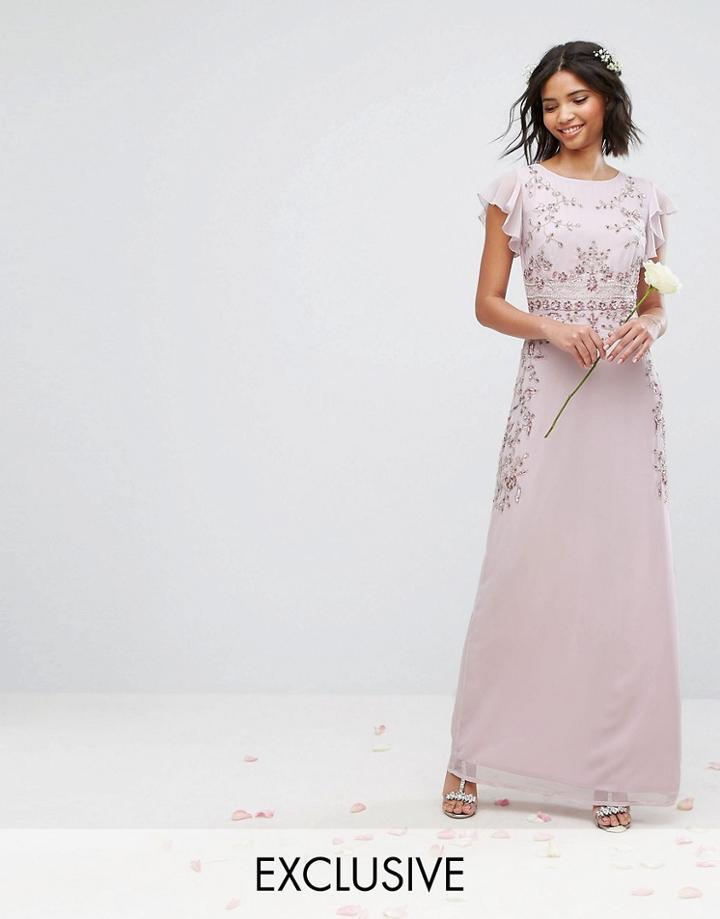 Maya Maxi Dress With Frill Sleeve And Placement Embellishment - Purple