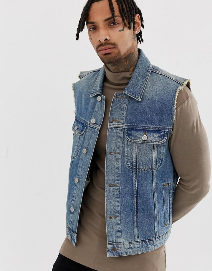 Asos Design Sleeveless Denim Jacket In Mid Wash - Blue
