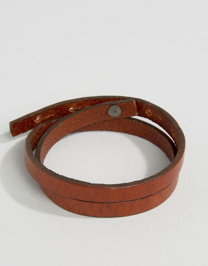 Jack & Jones Jacjack Leather Wrap Bracelet In Brown - Brown