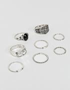 Asos Chunky Ring Pack With Shield And Stone Interest In Burnished Silver - Silver