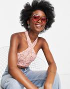 Asos Design Halter Twist Cami With Tie Detail In Pink And Orange Tile Print