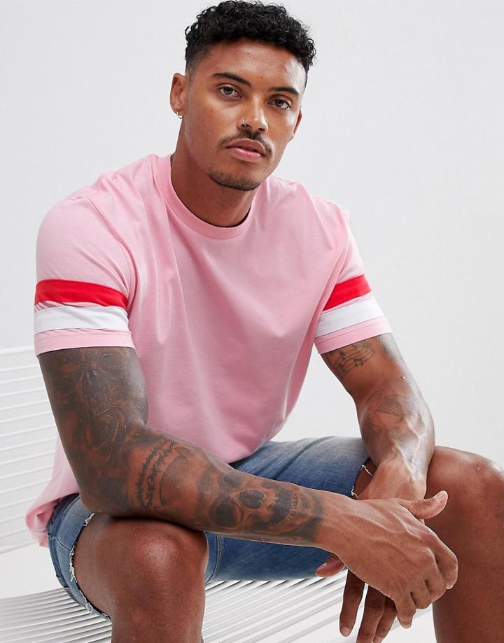 Asos Design Relaxed Longline T-shirt With Curved Hem And Contrast Sleeve Panels In Pink - Pink