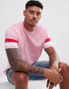 Asos Design Relaxed Longline T-shirt With Curved Hem And Contrast Sleeve Panels In Pink - Pink