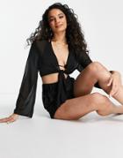 Threadbare Beach Short And Tie Shirt Set In Black - Part Of A Set