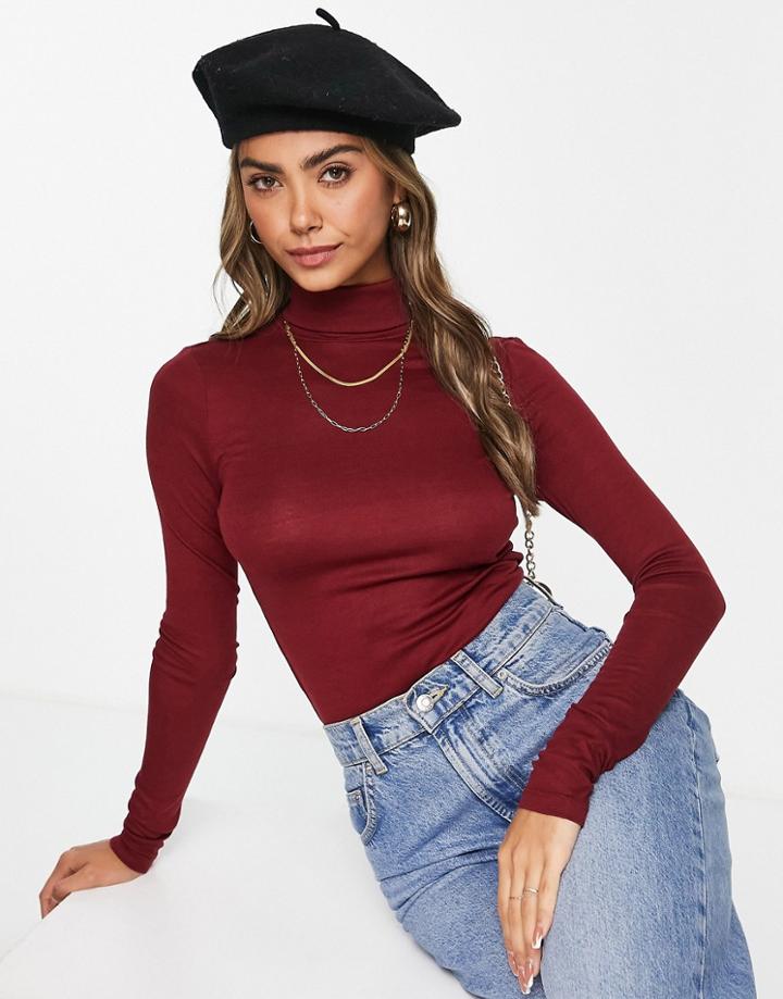 Urban Revivo Roll Neck Jersey Top In Burgundy-red