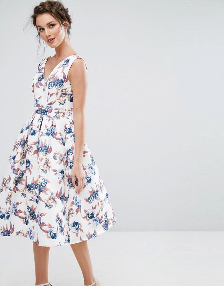 Chi Chi London Midi Dress With V Neck And Full Circle Skirt - Multi