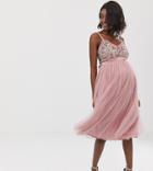 Maya Maternity Cami Strap Contrast Embellished Top Tulle Detail Midi Dress In Vintage Rose - Pink