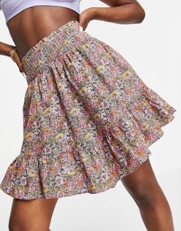 Y.a.s Cotton Tiered Shirred Detail Mini Skirt In Pink Floral - Multi