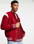 Asos Design Suede Varsity Bomber Jacket With Contrast Leather Panels In Red