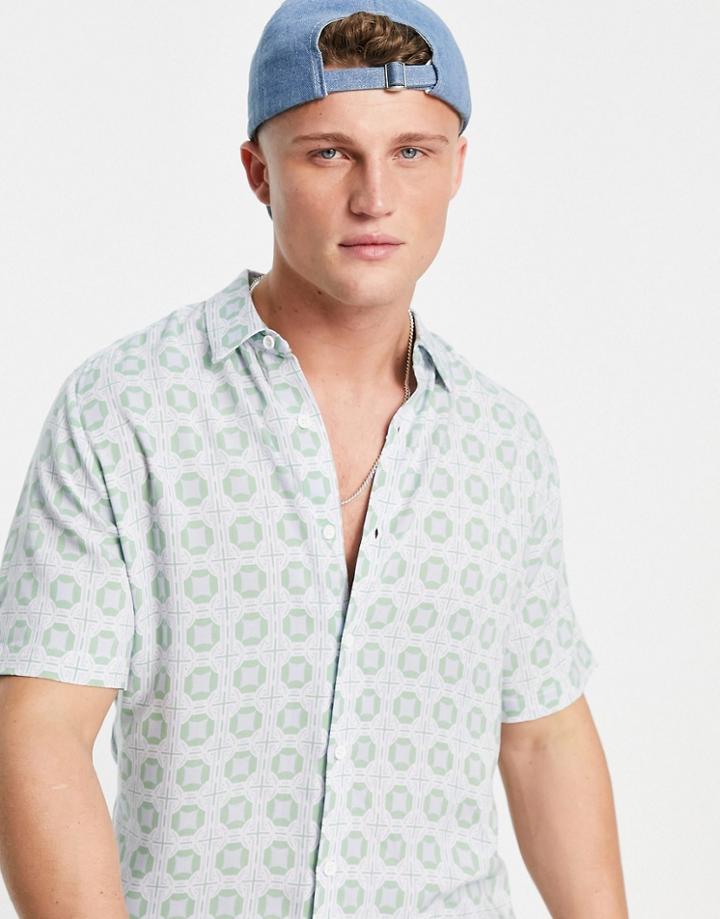 River Island Tile Print Revere Shirt In Blue