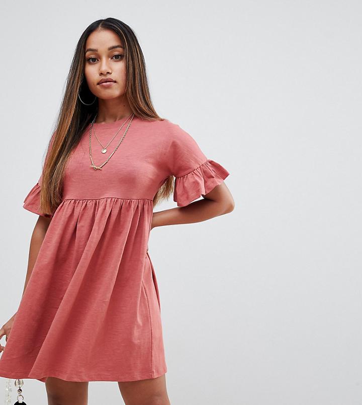 Asos Design Petite Cotton Slubby Frill Sleeve Smock Dress - Pink