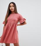 Asos Design Petite Cotton Slubby Frill Sleeve Smock Dress - Pink