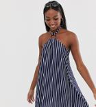 Asos Design Tall Mini Halter Swing Dress With Faux Tortoiseshell Ring Detail In Stripe-multi