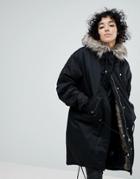 Noisy May Oversized Parka Jacket With Faux Fur - Black