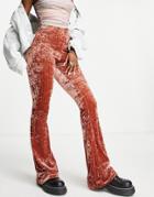 Topshop Ruched Velvet Flared Pants In Ginger-orange
