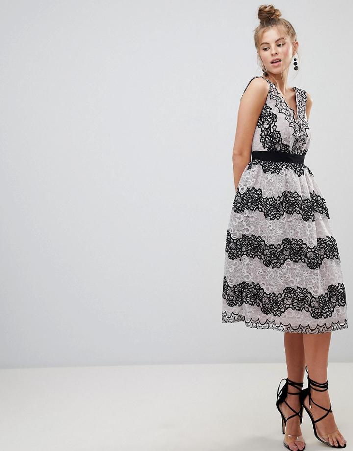 Little Mistress V-neck Midi Dress In Two Tone Lace Stripe - Black