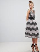 Little Mistress V-neck Midi Dress In Two Tone Lace Stripe - Black