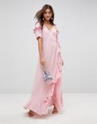 Asos Short Sleeve Ruffle Wrap Maxi Dress - Pink