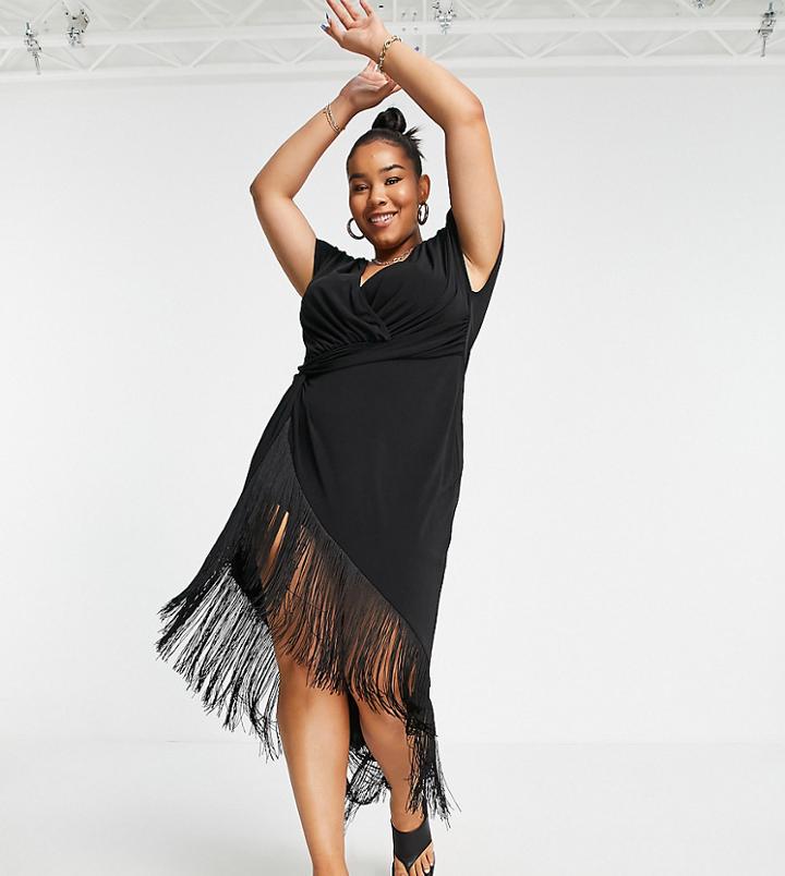 Asos Design Curve Wrap Midi Dress With Fringing Detail In Black
