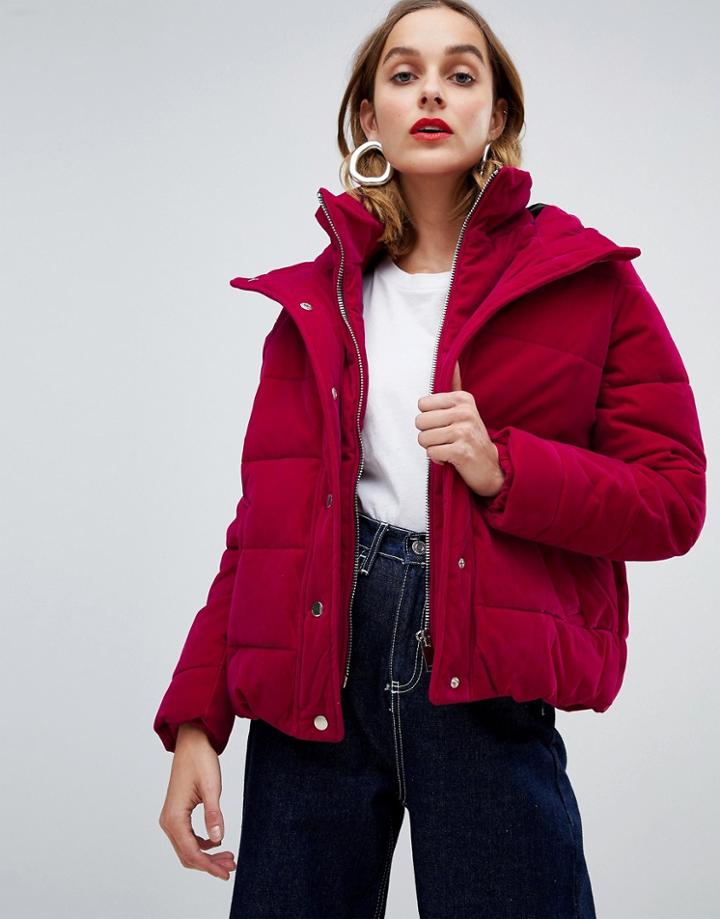 River Island Short Padded Jacket In Pink Velvet
