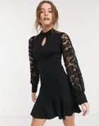 Lipsy Keyhole Skater Dress With Organza Balloon Sleeves In Black