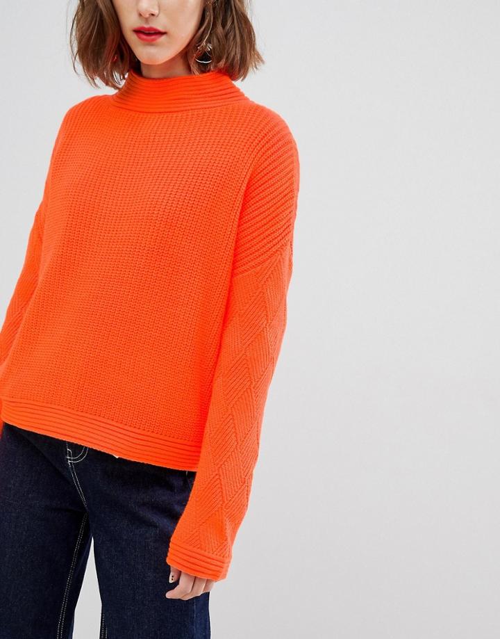 Asos Design Neon Sweater With Stitch Sleeve Detail-orange